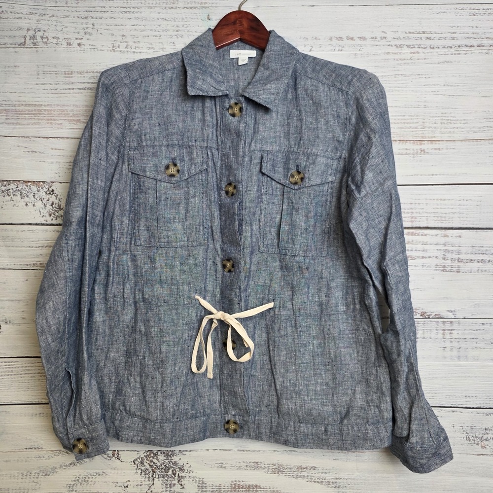 J Jill Love Linen Womens XS Chambray Pocket Tie Linen‎ Collared Button Coat Blue
